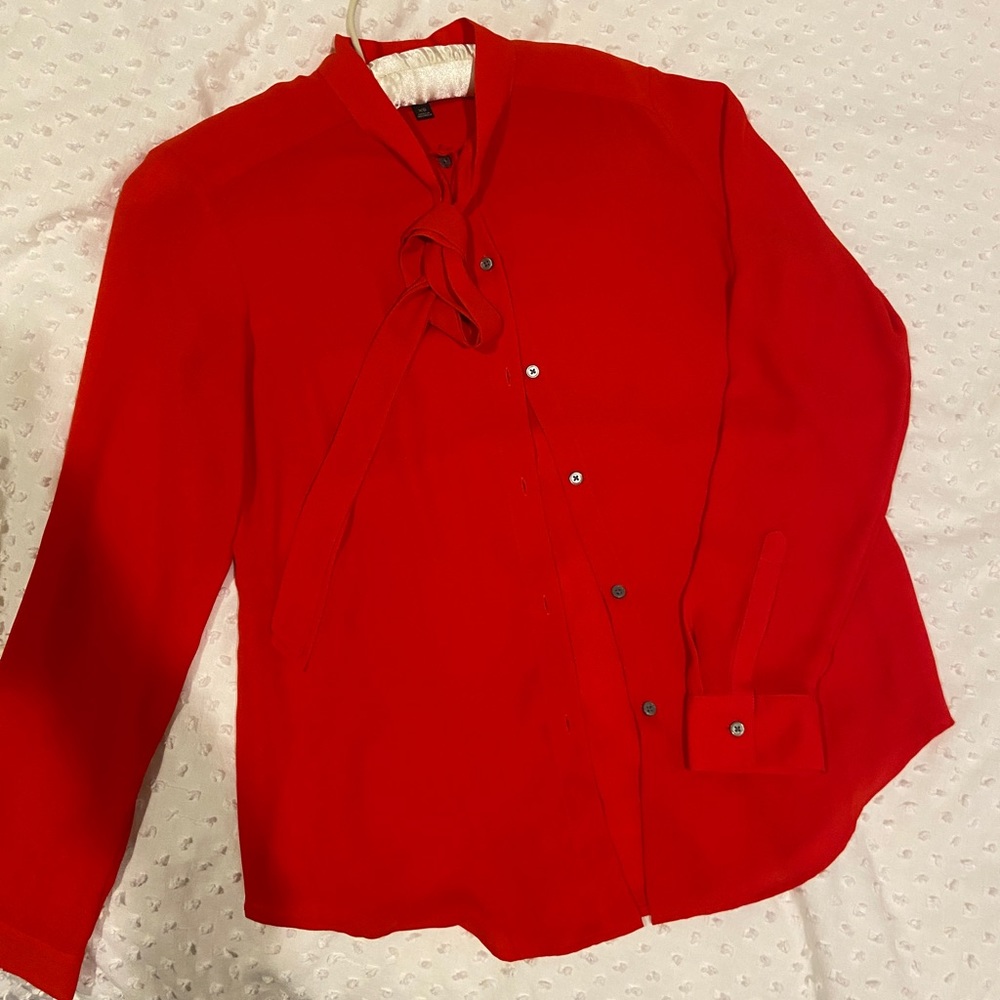 Banana Republic Bright Poppy Red Tie Neck Blouse